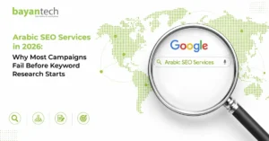 Arabic SEO services in 2026 illustration highlighting search visibility, keyword strategy, site structure, content optimization, and targeting Arabic-speaking markets.