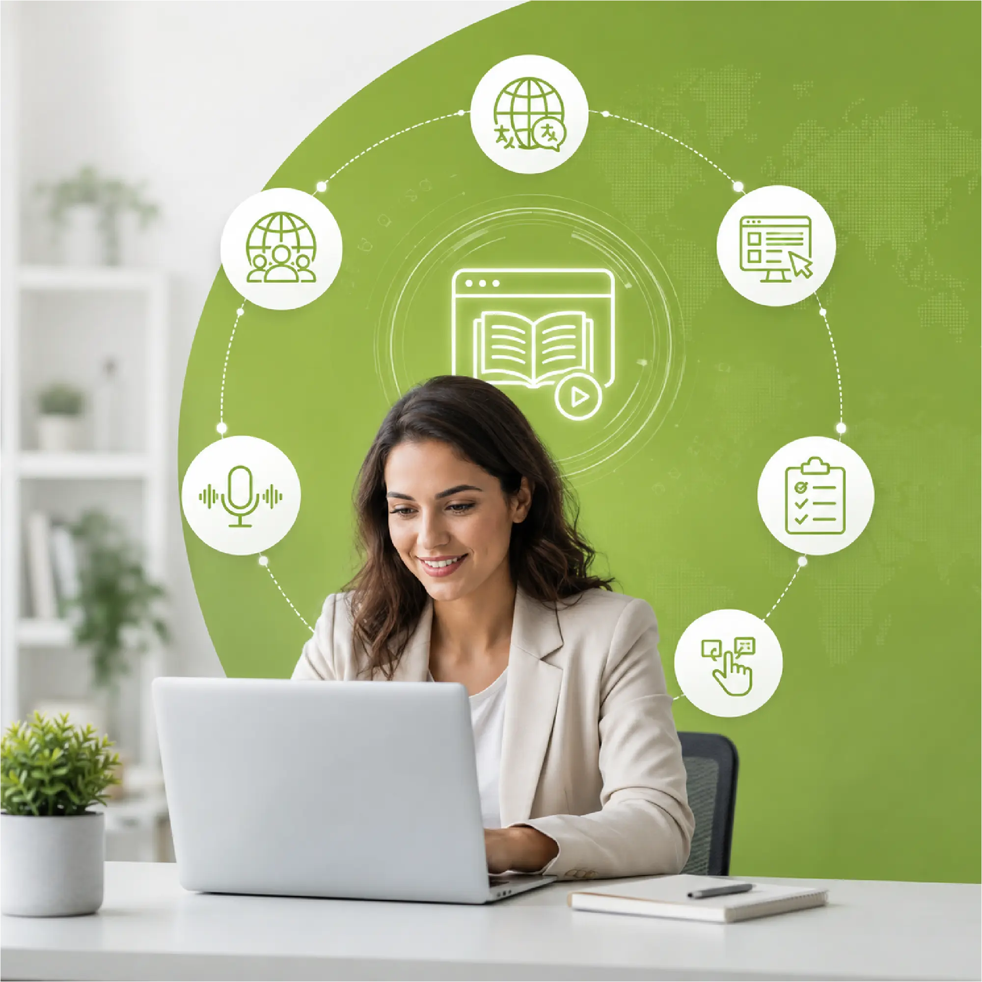 Learner viewing an online course surrounded by icons for translation, voiceover, subtitles and assessment localization