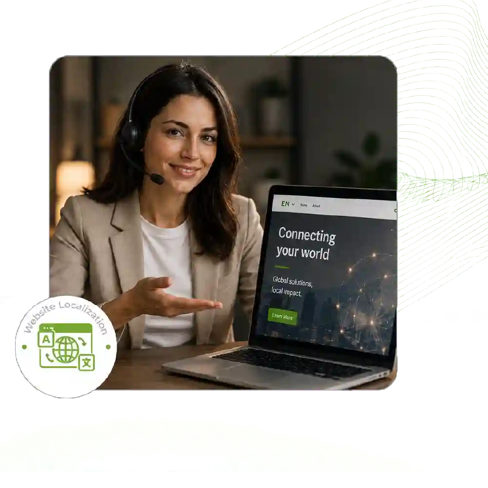 Support specialist presenting a localized website that connects a brand with a global audience in local languages