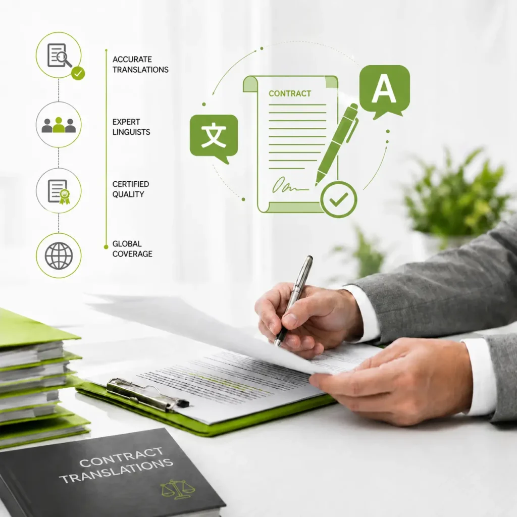 Contract translation services delivering accurate translations, expert linguists, certified quality, and global language coverage.