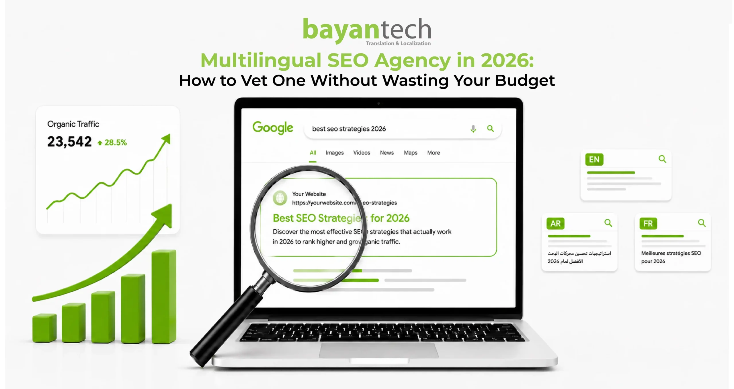 Multilingual SEO agency strategy showing organic traffic growth, localized search results, and SEO performance across multiple languages.