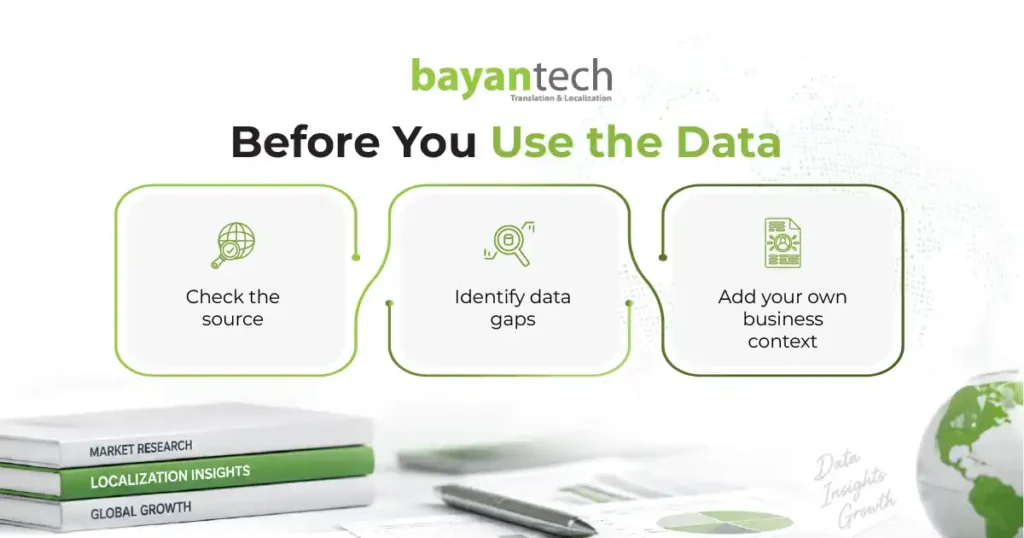Localization statistics data checklist for checking sources, identifying data gaps, and adding business context